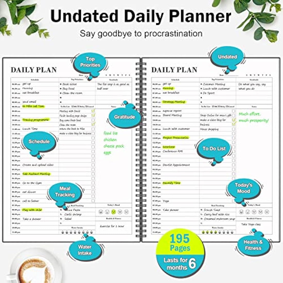 Planner Undated, Asten Daily Planner Agenda with To Do List, Hourly Schedules for Women and Men, Spiral Appointment Book with Elastic Closure, Inner Pocket 21.6 x 28cm (Black)