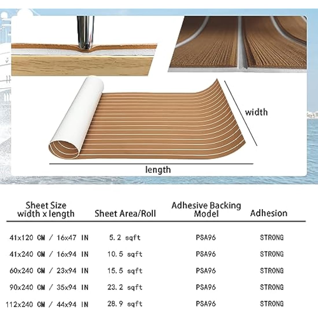 KXKZREN Boat Flooring EVA Foam Decking Sheet Faux Teak Marine Carpet Non-Slip Self-Adhesive Flooring Deck Mat for Boat Pontoon Motorboat RV Yacht Kayak Cooler Tops,240x112/90/60/41cm