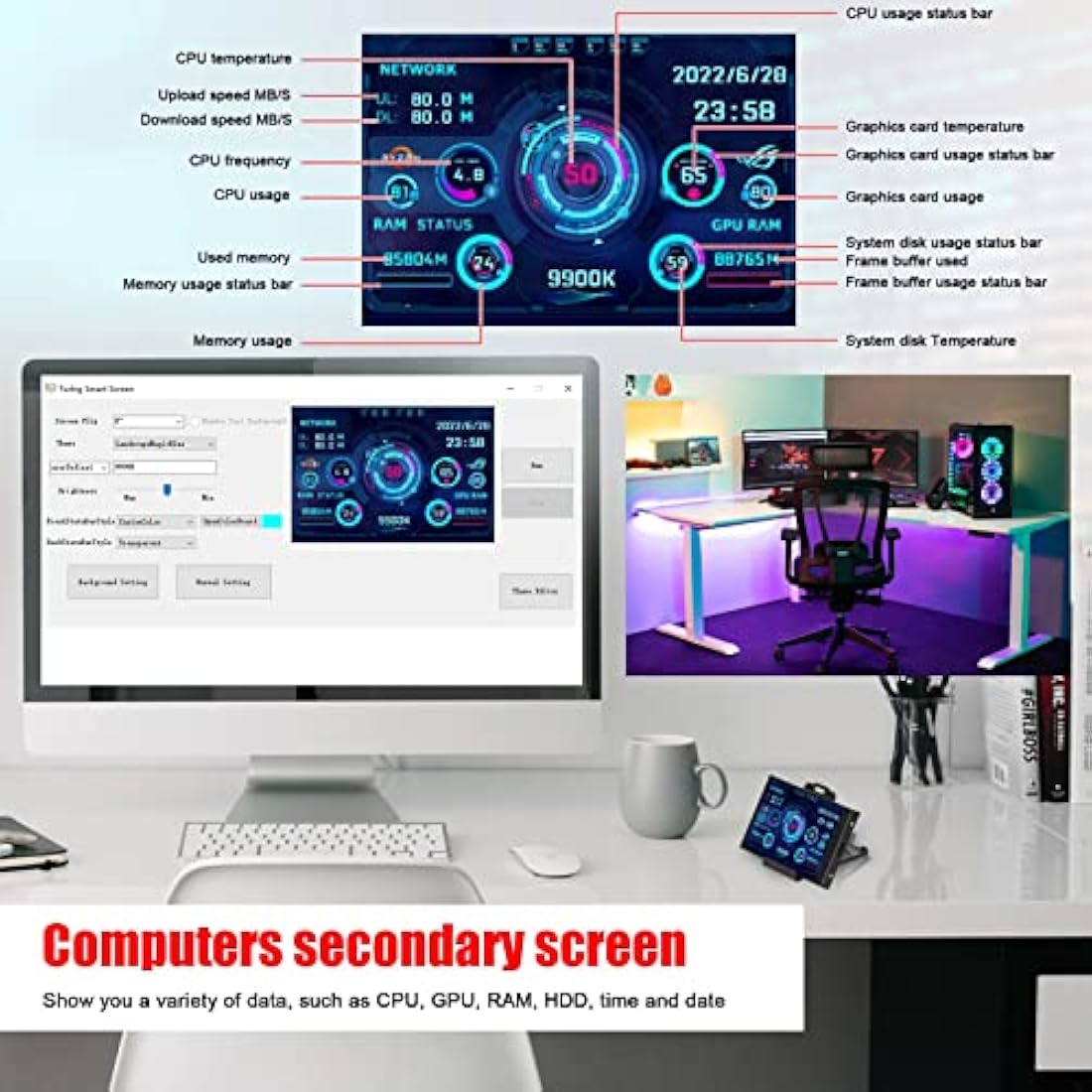 Goshyda PC CPU Data Monitor, 5in IPS USB Mini Screen Computer Sensor Panel Display Temperature Monitor for AIDA64 PC CPU RAM Data Monitor, Only Support for Windows System