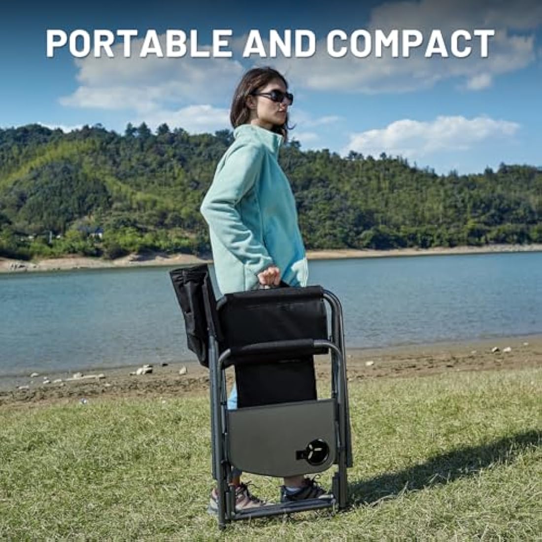 TIMBER RIDGE Camping Chair Heavy Duty 180kg Capacity, Directors Chair Folding Aluminum with Side Table, Portable for Outdoor Festival BBQs Black