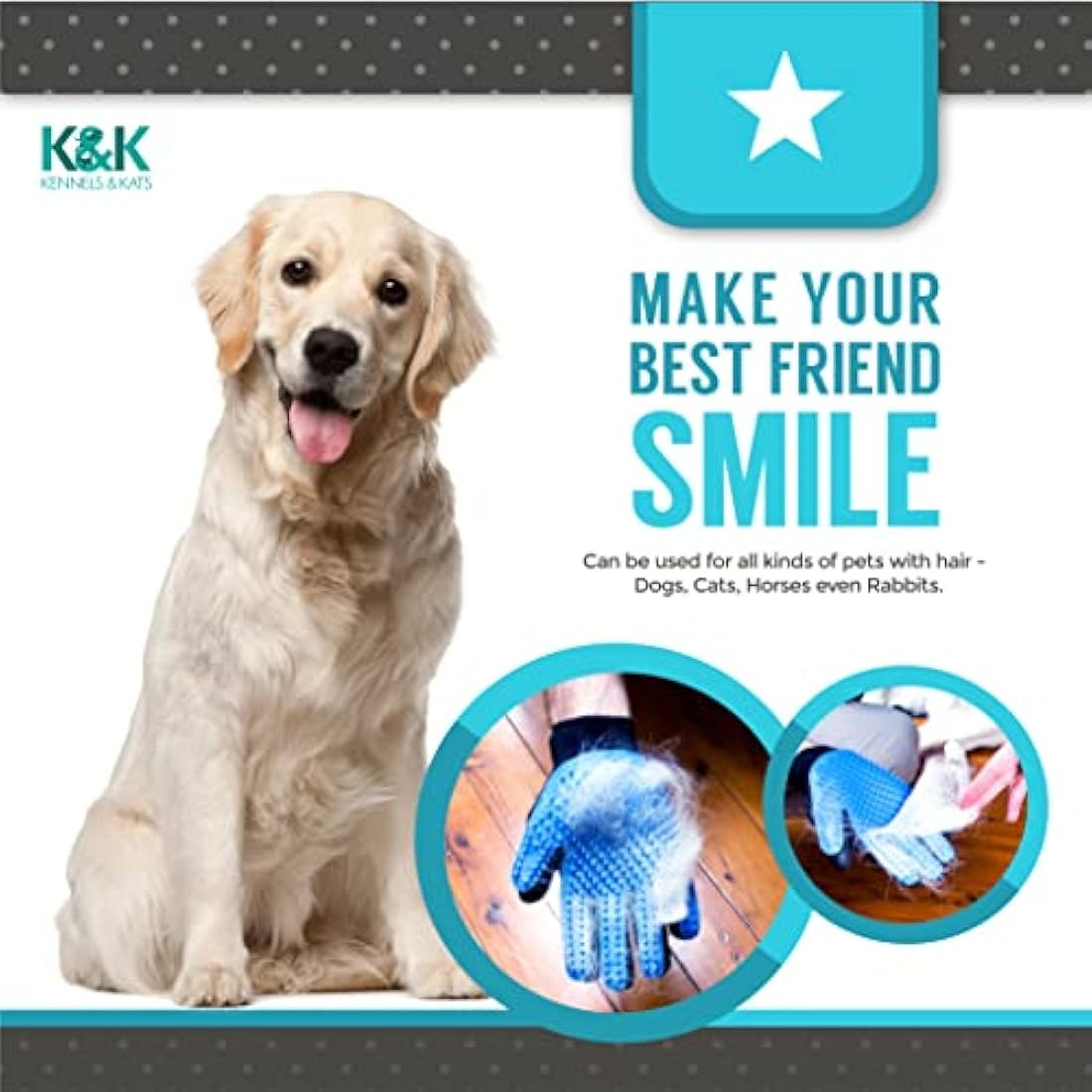 KENNELS & KATS Pet Grooming Glove | Pet Brush Glove | Premium De-shedding Glove for Easy, Mess-free Grooming with 260 Tips | Grooming Mitt For Dogs, Cats, Rabbits & Horses with Long/Short/Curly Hair