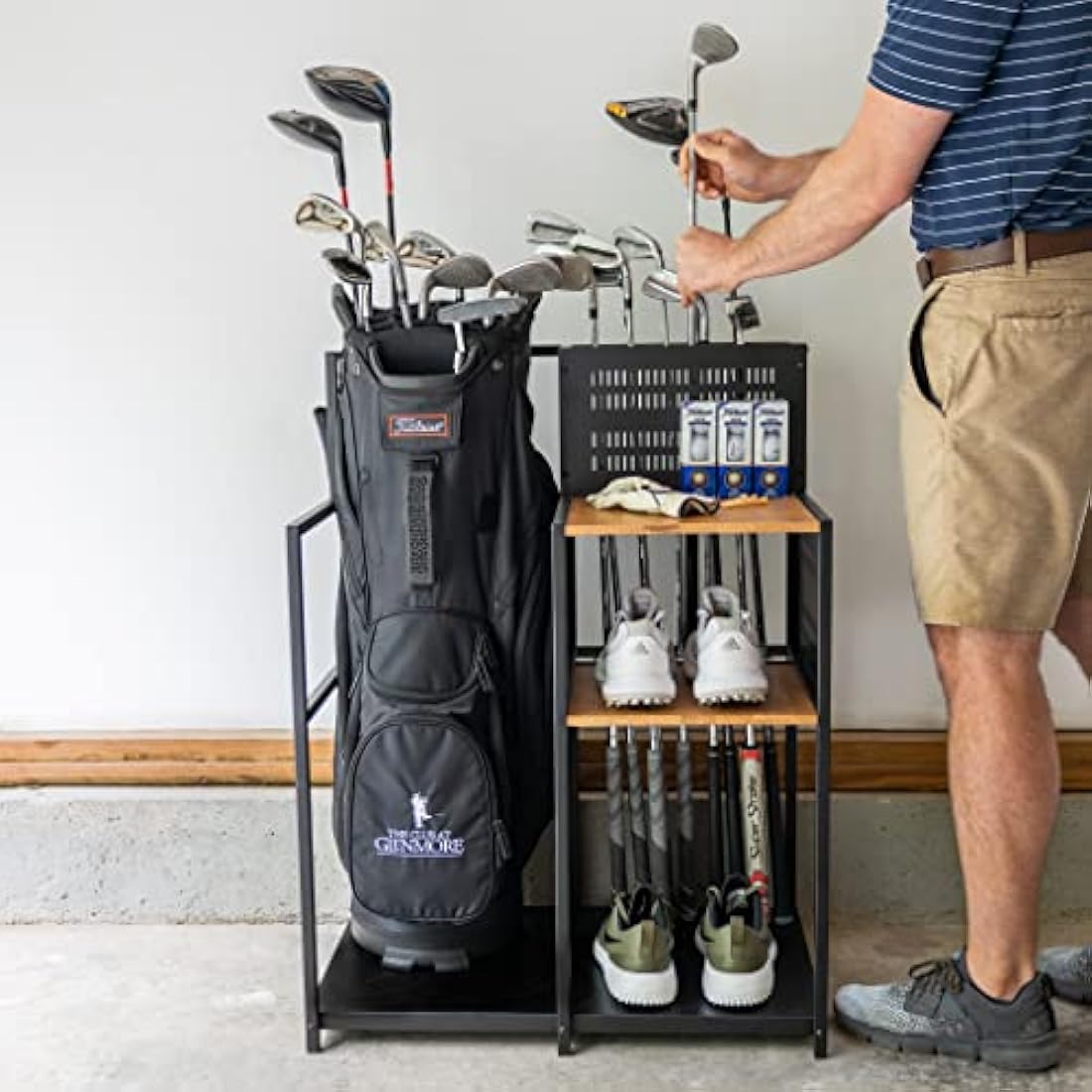 Teal Triangle Freestanding Golf Club Organizer, Stylish Heavy Duty Garage Storage Floor Stand, Holds Golf Bags Shoes Clubs Balls and More