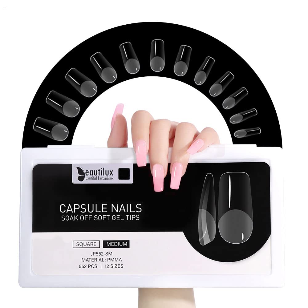 Beautilux Medium Square Nail Tips, 552 Pcs Soft Acrylic Gel Nail Tip 12 Sizes, Soak Off Full Cover Pre-Shaped False Nail Tips for Home Manicures and