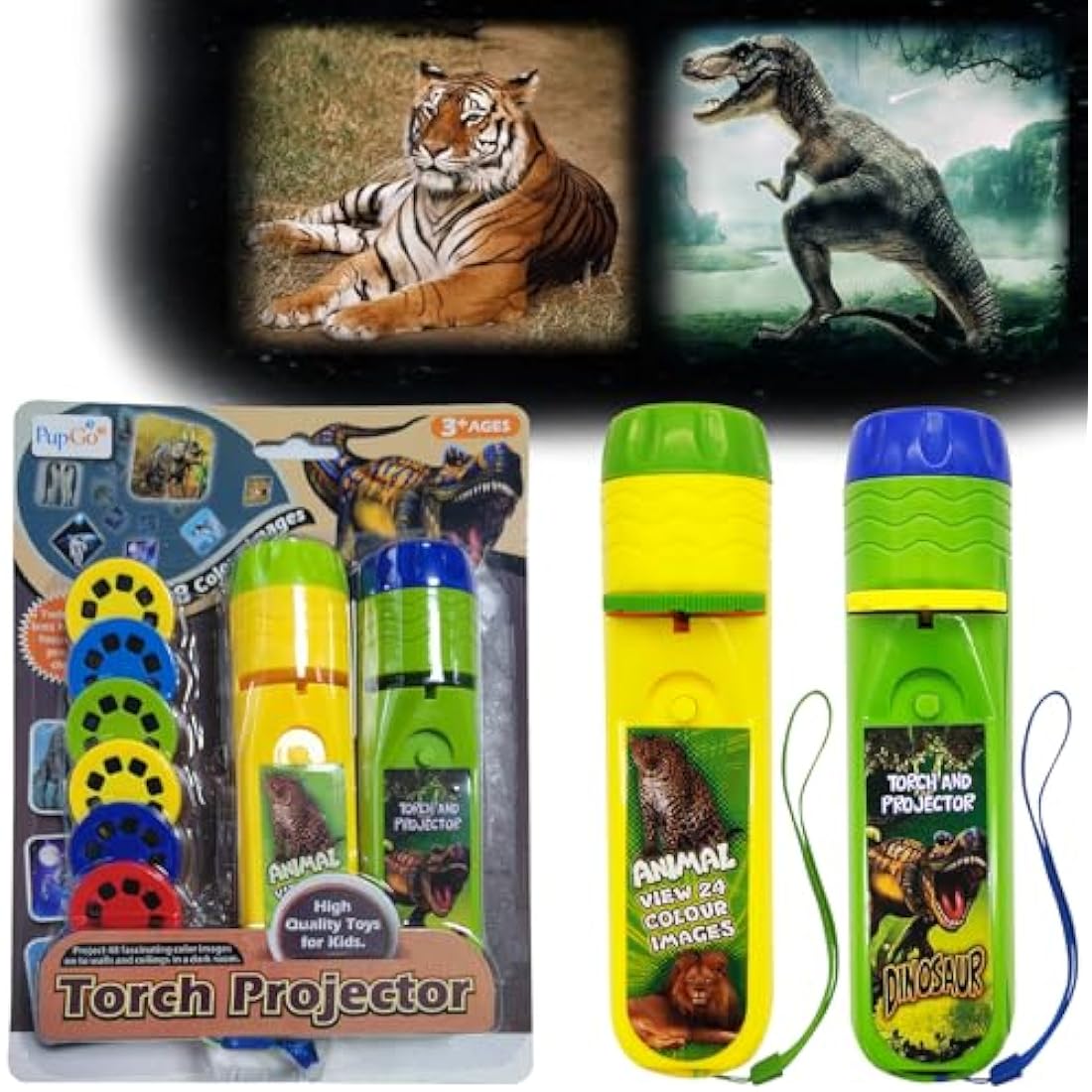 Pup Go Torch and Projector Toy for Kids Ages 3 4 5 6 7 8, 2 in 1 Dinosaur & Animal, 6 Discs and 48 Images, Educational Learning Toys Bedtime Night Light For Boys Girls Children(Dino+Animal)