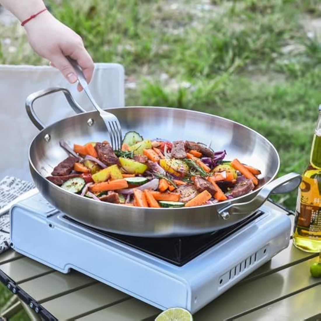 Inqibee 30 CM Tri-Ply Stainless Steel Paella Pan with Lid,Induction Cooking Frying Pan,Even Heating and Oven Safe