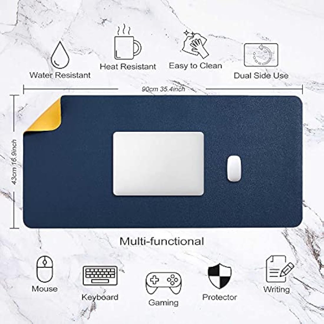 Desk Pad Large, Desk Mat, Extended Mouse Mat, Mouse Pad XXL, Desk Blotter, DOBAOJIA Laptop Pad Writing Pad for Office/Home, Dual-Side Use PU Leather Waterproof 35.4" X 16.9" (Navy Blue/Yellow)
