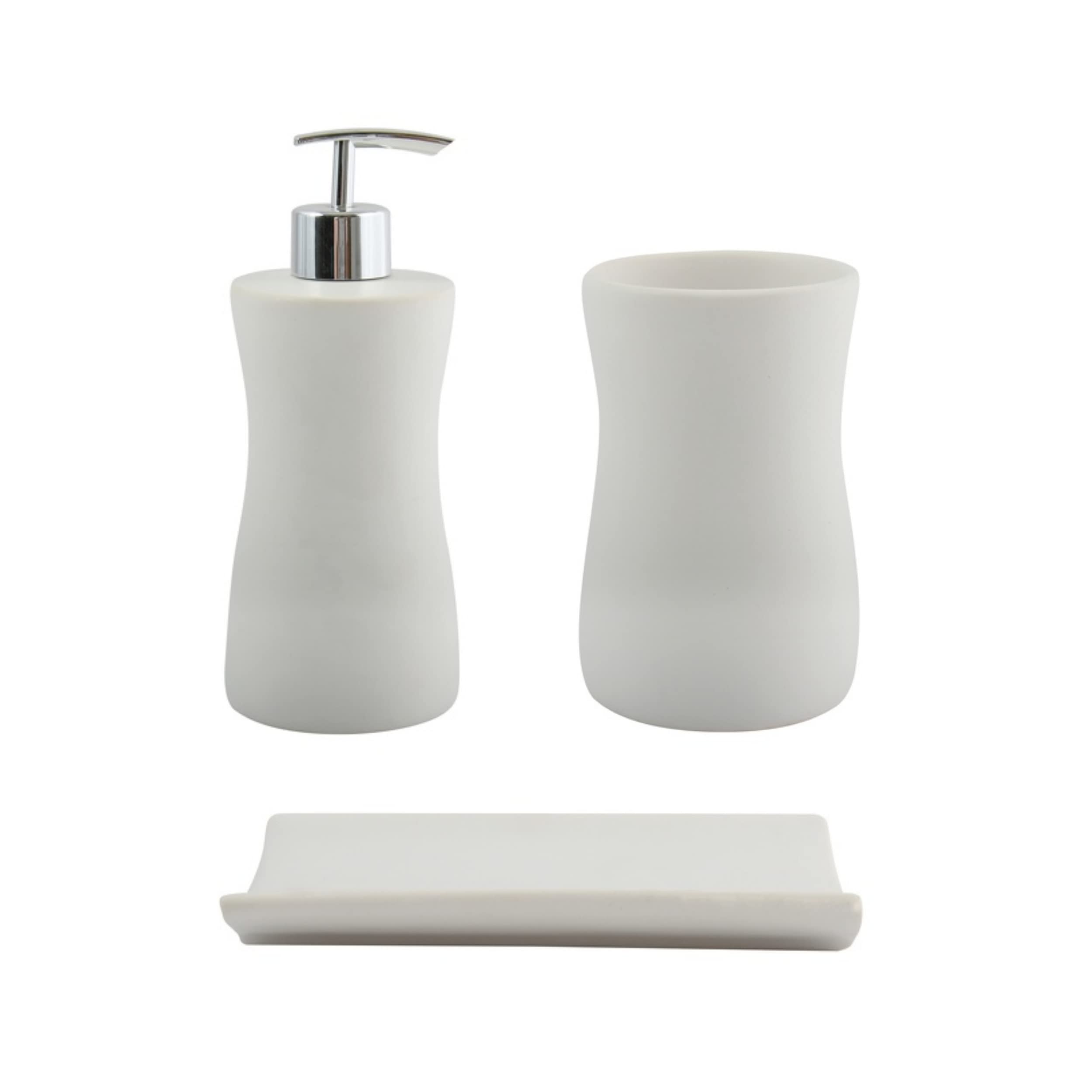 MSV Bathroom Accessories Palma Ceramic Soap Dispenser/Soap Dish/Toothbrush Tumbler Set of 3 White