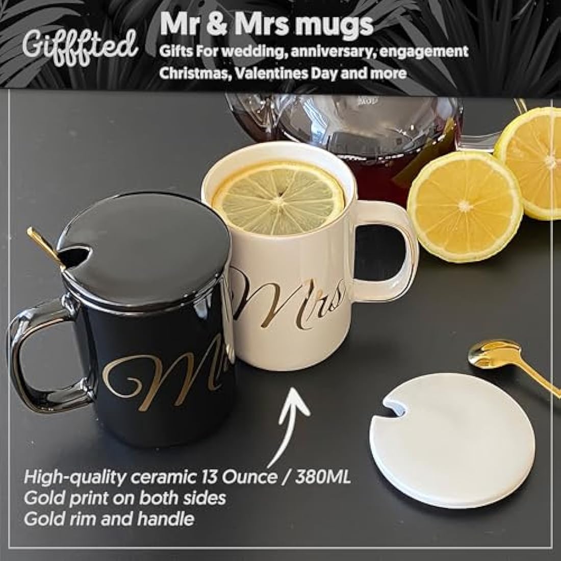 Triple Gifffted Mr and Mrs Couples Gifts for Wedding Anniversary, Engagement, Christmas, Valentines, Him Her, His Hers Newlywed Mugs, Bride Groom, Couple Gift, Lids, Ceramic Cup, 380 ML