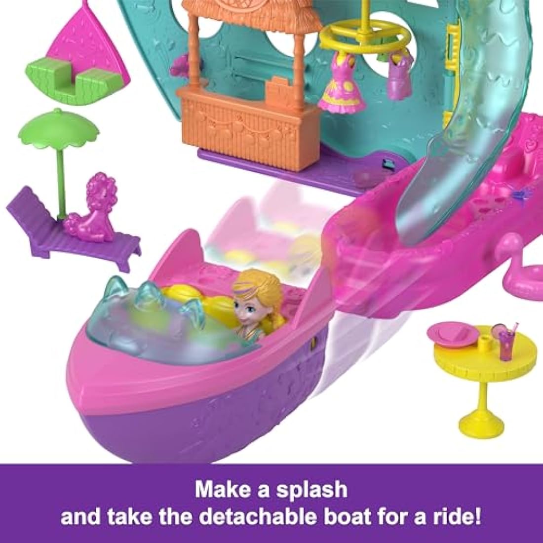 Polly Pocket Portable Boat Playset with Water Play & Color-Change Accessories, Unicorn Dream Cruise Includes 1 Doll & 23 Total Pieces