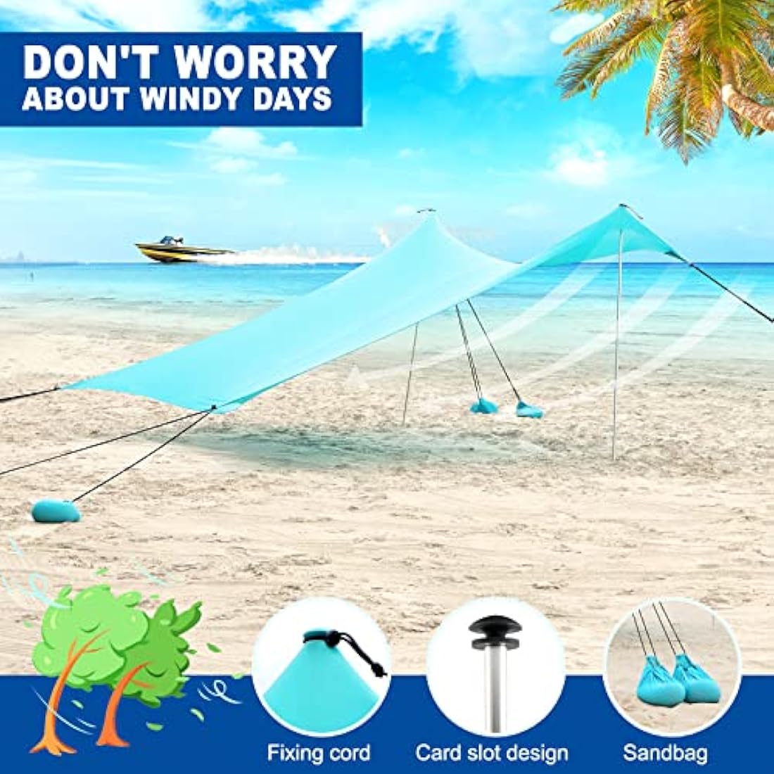 Beach canopy Sun Shelter UV Protection UPF50+, Portable Beach Awning Sun Protection with 2 Poles 3mx3m, Large Sun Tent for Family Beach Camping Garden Terrace Balcony