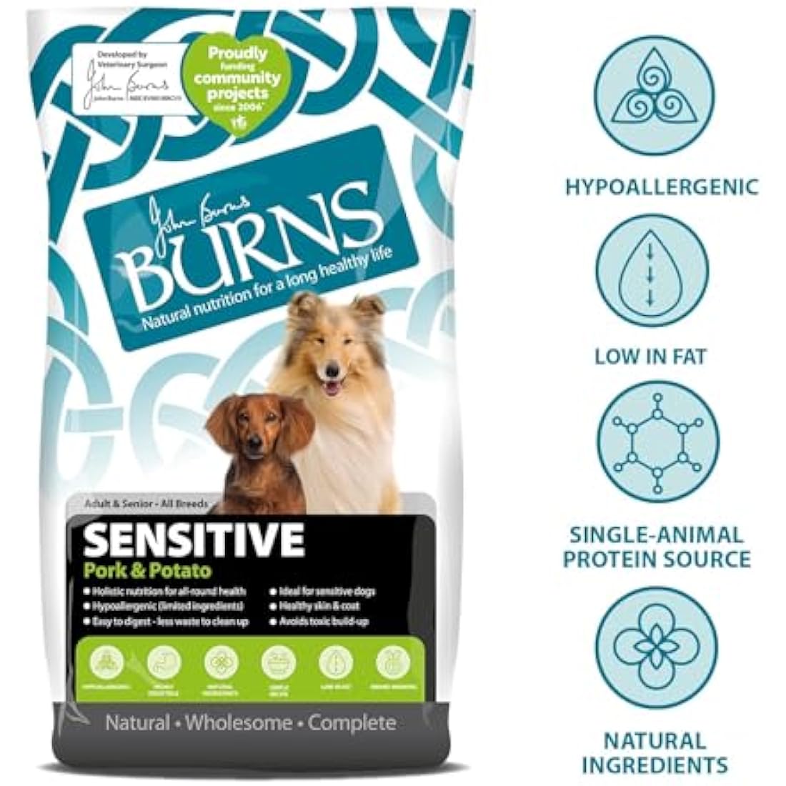 Burns Pet Nutrition Hypoallergenic Complete Dry Dog Food Adult and Senior Dog Sensitive with Pork and Potato 6 kg