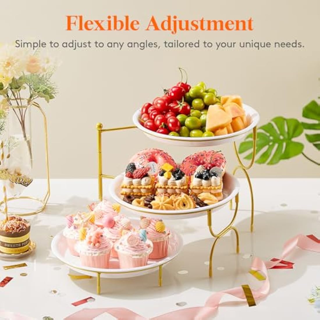 Lifewit 3 Tier Serving Tray, Round Plastic Server Platters, White Reusable Food Trays with Display Stand for Buffets, Cupcake, Snack, Veggie, Fruit, Cookies, Dessert, Dishes, Party Supplies