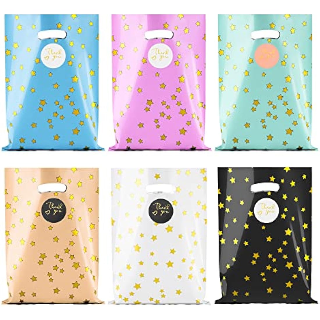 BOENFU 60 Pcs Party Gift Bags With Thank You Stickers - 6 Colors Starry Goodie Favor Treat Bags With Handle for Christmas, Halloween, Birthday, Wedding