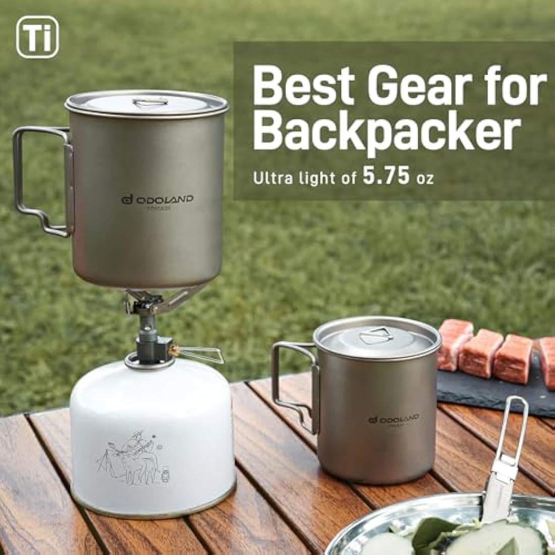Odoland 750ML Titanium Mug, Camping Coffee Cup with Lid and Spork, Foldable Handle for Camping, Hiking, Traveling and Backpacking