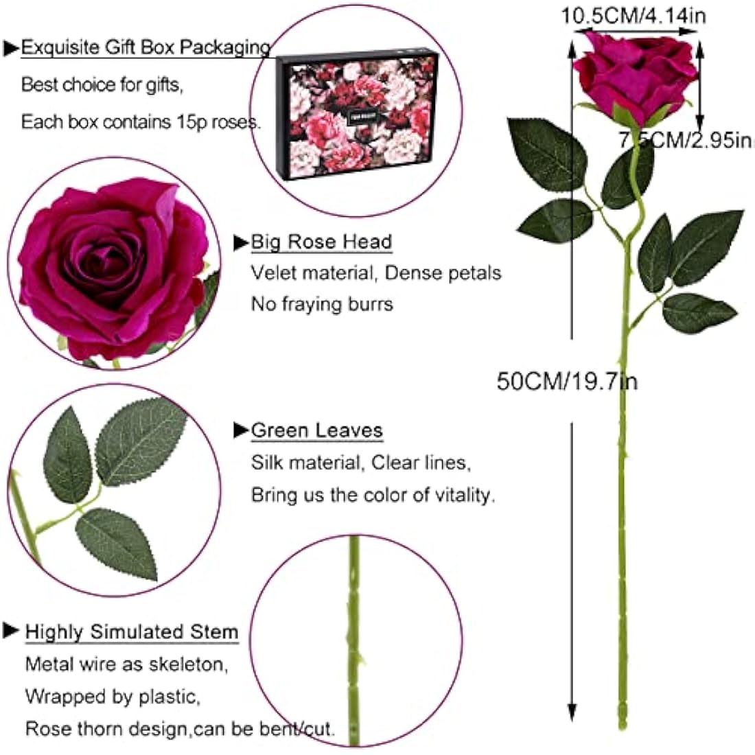 Cloudecor 15Pcs Fake Roses Velet Rose Long Stem Artificial Flowers Silk Flowers for Home Wedding Decoration (Round Roses，Purple)