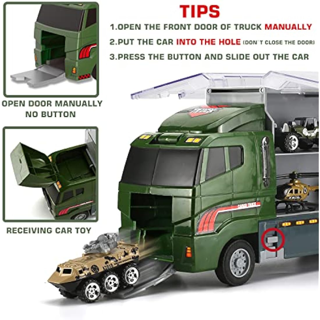 Military Carrier Truck (26 in 1) with Soldier Men playset, Mini Die-cast Battle Car in Transport Truck, Army Toy Double Side Vehicle for Kid Children Girl Boy Play Birthday Party Gift