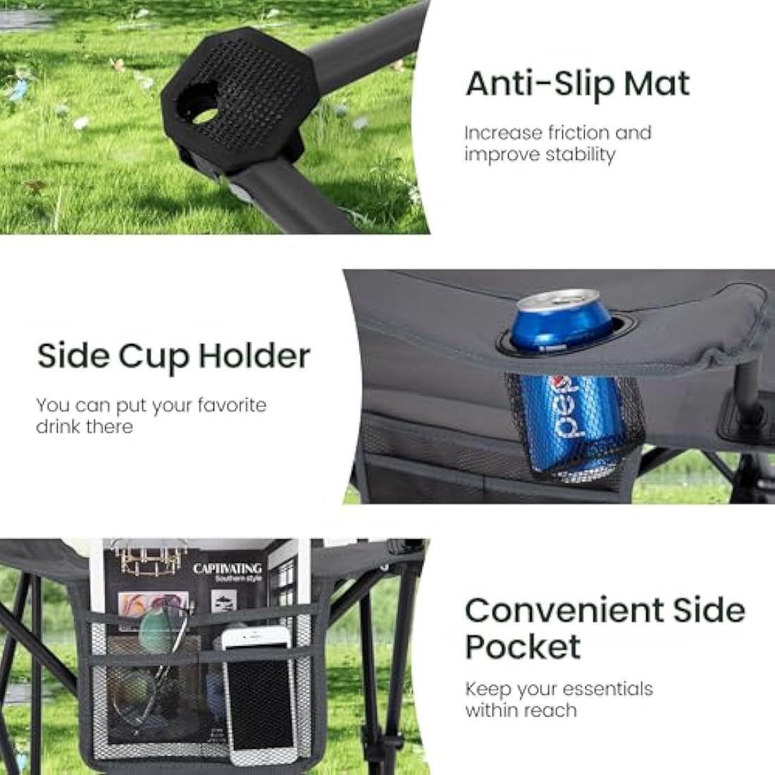 ALPHA CAMP Set of 2 Folding Camping Chairs with Cooler Bag & Cup Holder & Side Pocket Up to 120kg, Lightweight and Portable Camping Chair for Adults, Grey