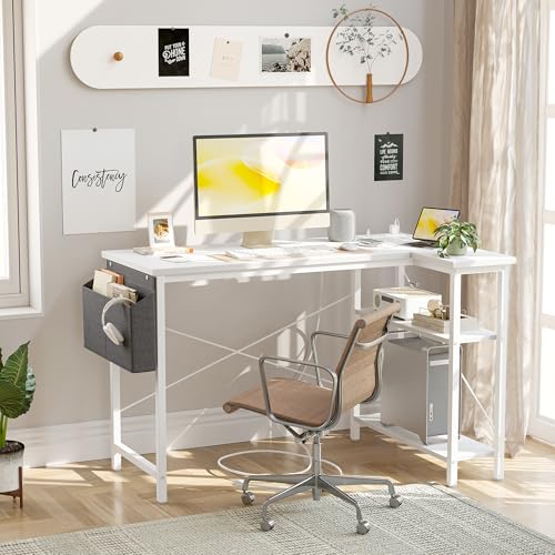 BEXEVUE Small L Shaped Desk with Power Outlets - 140x70cm Corner Computer Desk Writing Table, Reversible Large Storage Shelves, Bookshelf Workstation