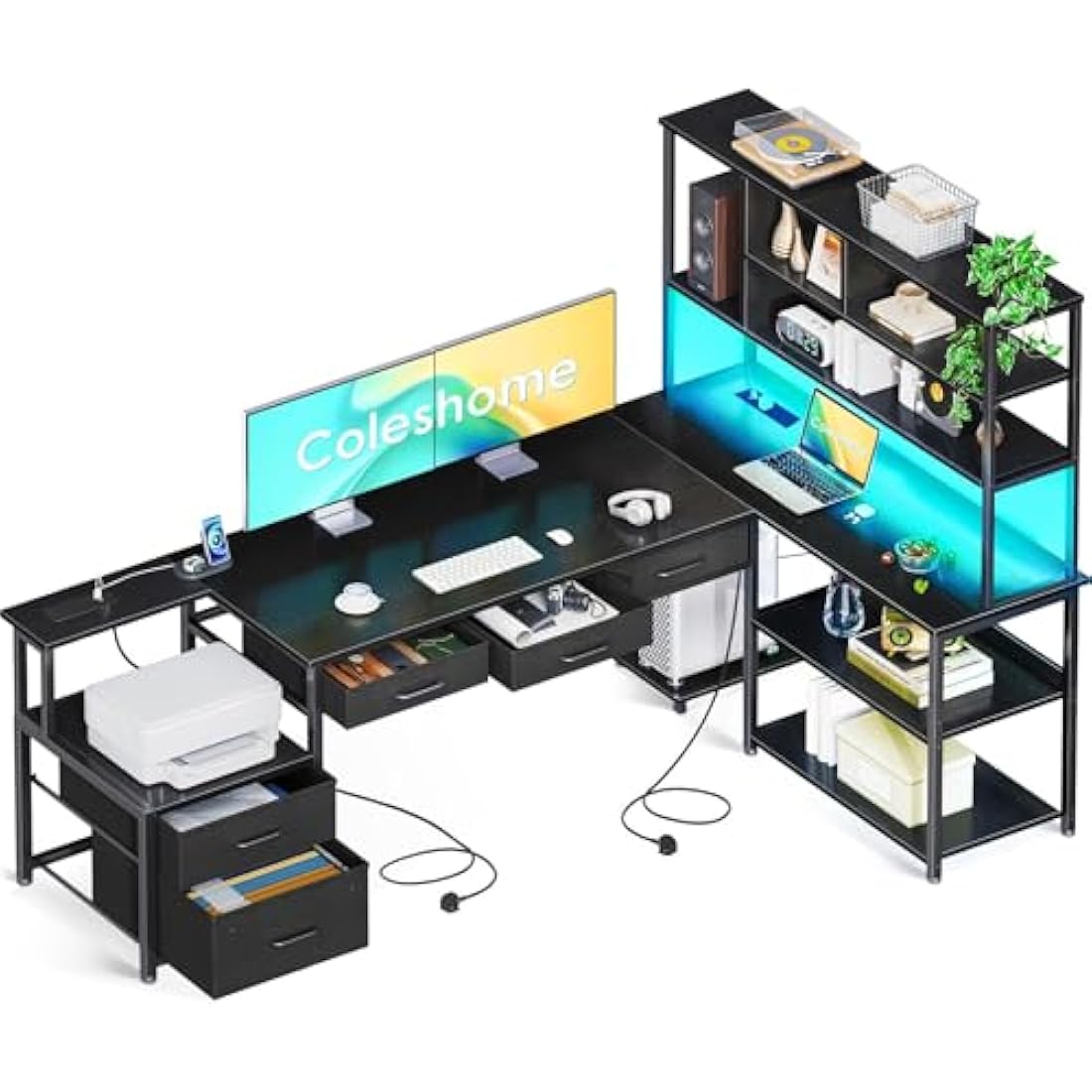 Coleshome L Shaped Corner Desk with Drawers, Reversible Home Office Computer Desk with Storages & Shelves, Gaming Table with LED Lights & Power Outlets Black, 180 × 100 cm