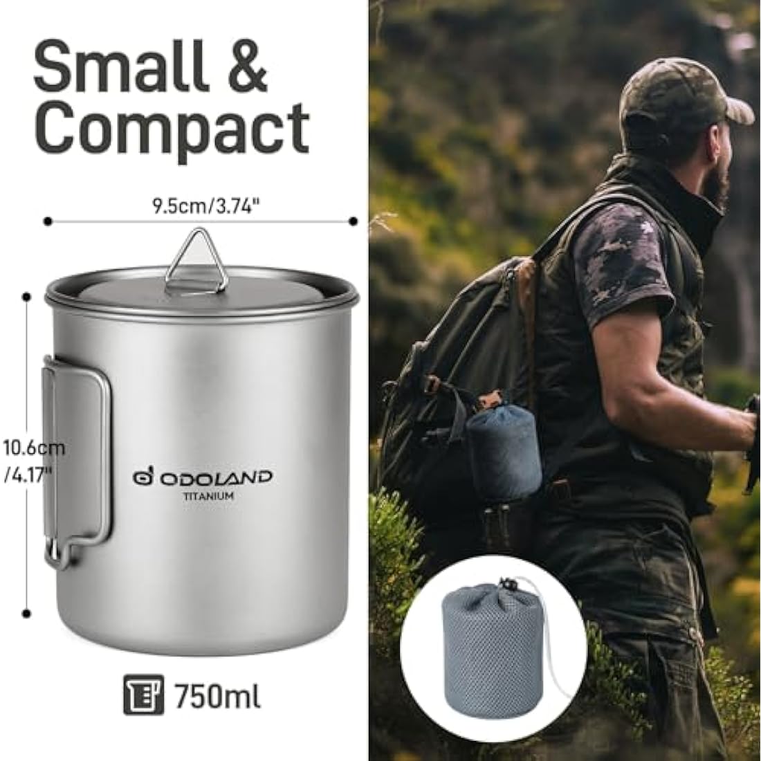 Odoland 750ML Titanium Mug, Camping Coffee Cup with Lid and Spork, Foldable Handle for Camping, Hiking, Traveling and Backpacking