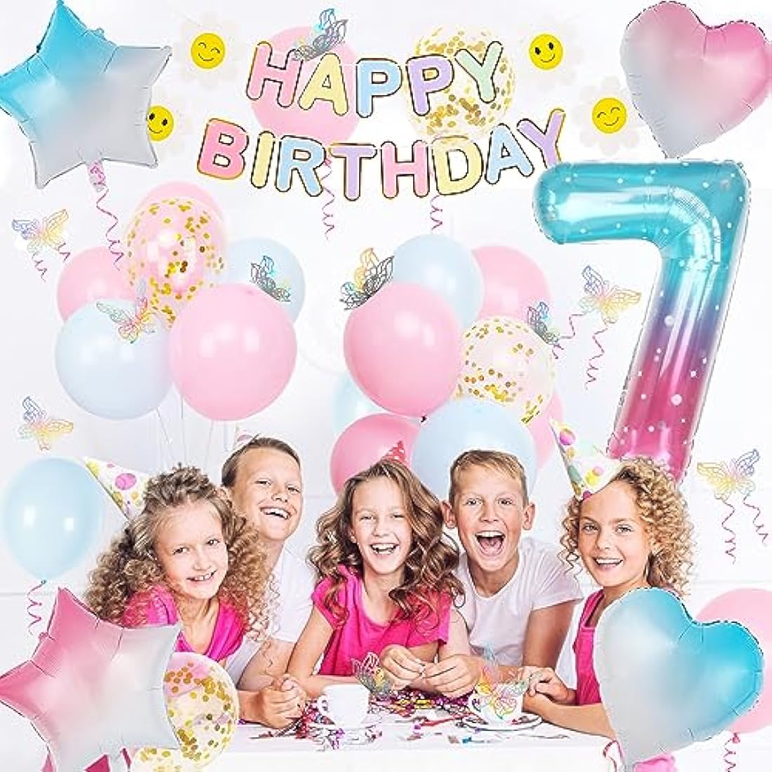7th Birthday Decorations for Girls, Gradient Color 40 Inch Age 7 Foil Balloons with Happy Birthday Banner and Butterfly Stickers, for Baby Shower, Girls Boys Party Decorations
