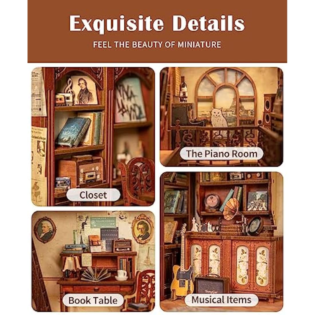 CUTEBEE Book Nook Kits For Adults - DIY Dollhouse Miniature with LED Light, 3D Wooden Puzzle Bookend Bookshelf Decor, Gifts for Family and Friends (The Secret Rhythm)