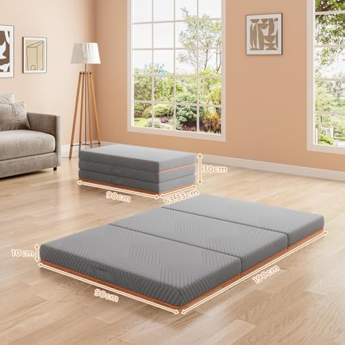Vesgantti Folding Mattress Single Size 90x190cm, 10CM Gel Memory Foam Foldable Mattress Tri-fold for Travel, Camping, Guest Bed - Grey, CertiPUR-US Certified