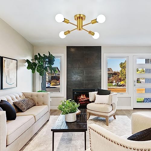 ASHUAQI Gold Sputnik Chandeliers - 4 Lights Semi Flush Ceiling Lights for Living Room, Bedroom, Kitchen, Lounge, Hallway