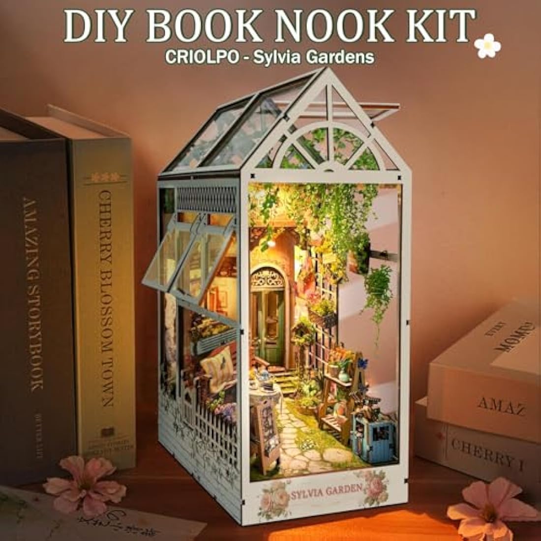 CRIOLPO Book Nook Kit with LED Lights, DIY Miniature House Kit Dolls House Kit, 3D Wooden Puzzle Bookend Booknook Book Shelf Decoration Gift for Teens Adults