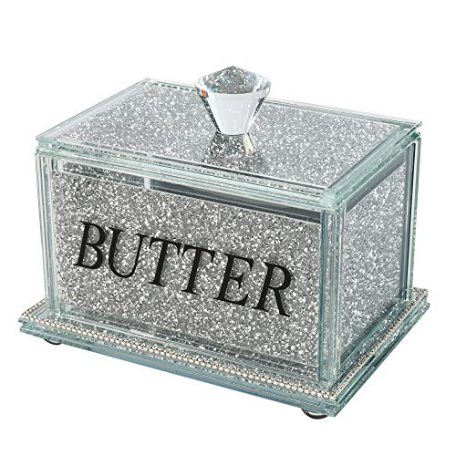 London Boutique Crystal Large Butter Dish Sparkle Crushed Diamond Filled Silver Metal Frame