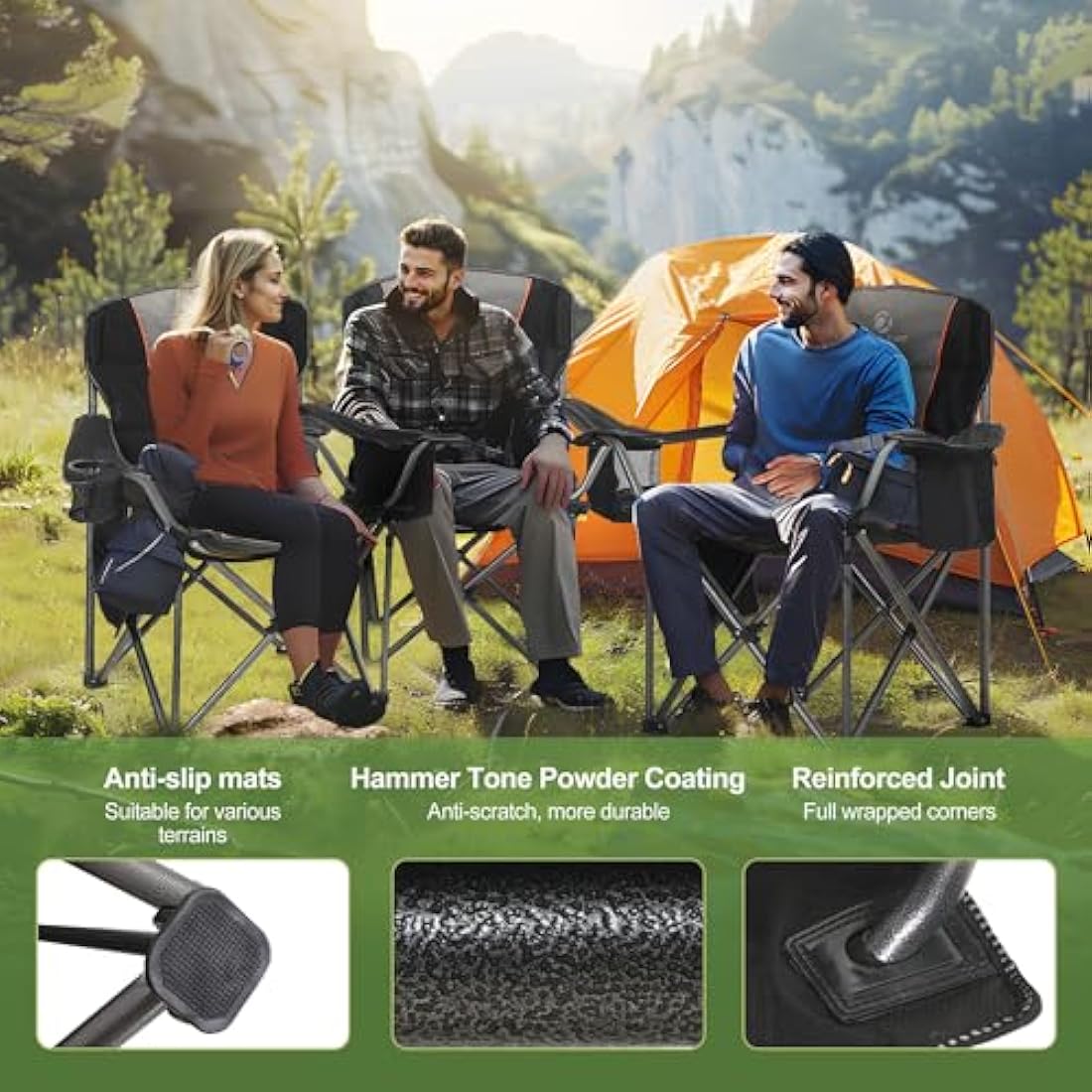 LET'S CAMP Folding Camping Chair Oversized Heavy Duty Padded Outdoor Chair with Cup Holder Storage and Cooler Bag, 450 LBS Weight Capacity, Thicken 600D Oxford Stoff, Set of 2