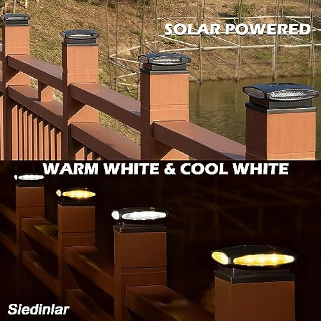 Siedinlar Solar Post Cap Lights Outdoor, 2 Modes 24 LED Solar Powered Fence Deck Light for 4x4 5x5 6x6 Posts Garden Patio Decoration Warm White & Cool White, Black (4 Pack)