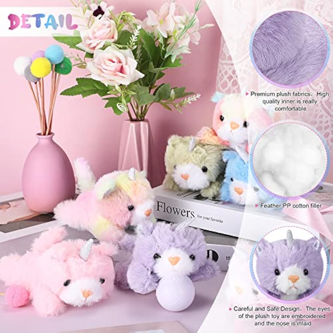 Sumind 8 Pcs Cat Stuffed Animals Bulk Plush Pets 5 Inch Cute Assorted Plush Cats Horse for Birthday Halloween Christmas Party Favors Favors(Horned Cat)