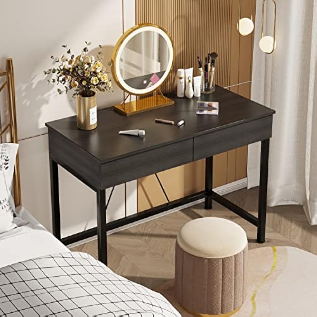 CAIYUN Computer Desk with Drawers, Dressing Table, Vanity Desk, Make Up Desks, Home Office Desks with Storage, Study Tables for Small Space, Laptop Table Made of Wood and Metal, 39.4", Black