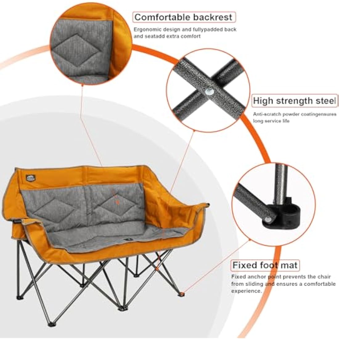 LANMOUNTAIN Folding Loveseat Camping Chair, Portable Double Chair w/Cup Holder,Wine Glass Holder,Carry Bag Heavy Duty Lawn Chair for 2 Adults,Perfect for Camp,Hiking,Picnics and Beach Trips,Orange