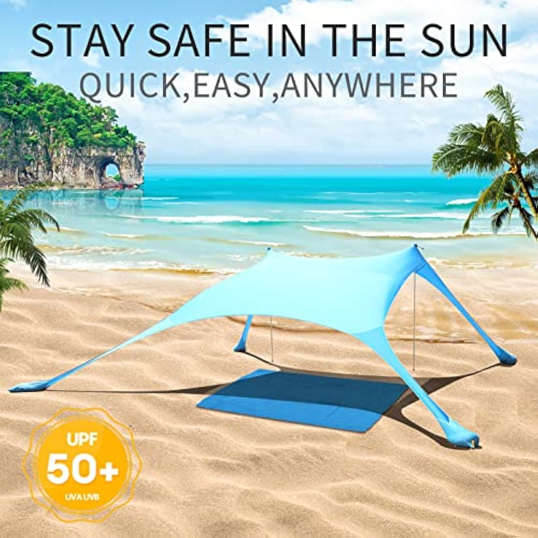 CUUPO 7×7 FT Beach Tent Sun Shelter UPF50+ UV Protection, Outdoor Small Canopy Tent Sun Shade with 2 Poles for Camping, Beach, Fishing, Backyard and Picnics Blue