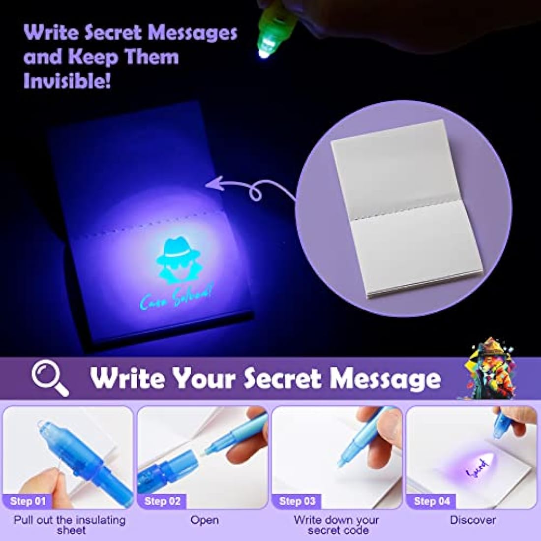 DazSpirit 16 Packs Invisible Ink Pens and Notebooks - Detective Theme, UV Light Spy Pens Party Bag Fillers for Boys and Girls, Magic Secret Message Pens for Detective Parties, Treasure Hunt