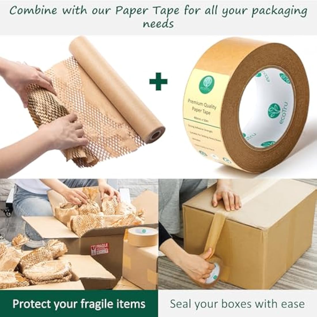 ecoTru UK Honeycomb Packing Paper 36cm x 40m, British Brand Bubble Wrap for Moving House Essentials, Small Business Packaging for Shipping Wrapping & Void Fill, Recyclable & Biodegradable