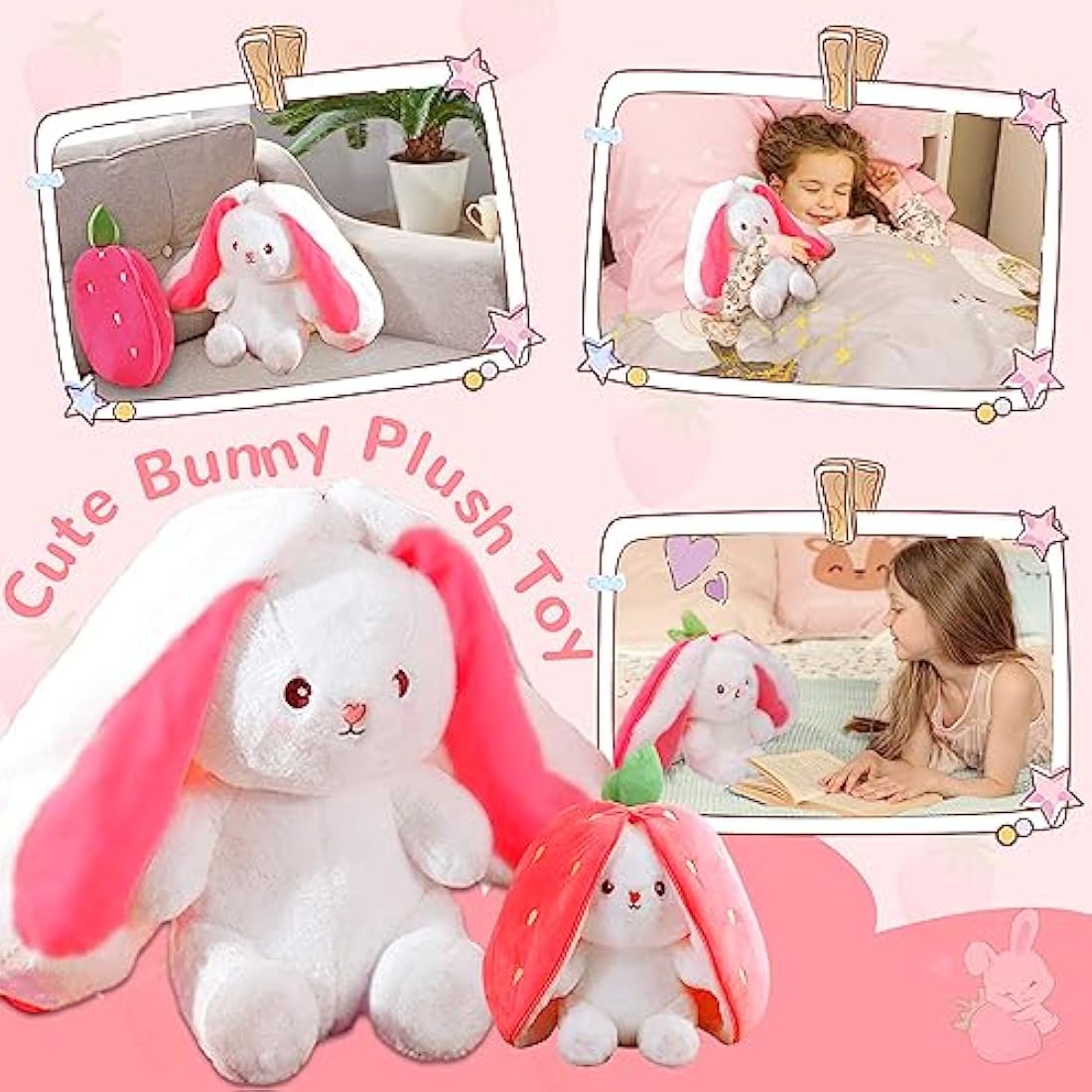 TOGETDREAM Easter Plush Bunny Toy, Soft Plush Toy 25cm Carrot Strawberry Plushies Doll, Cute Cuddly Stuffed Animals Hide And Seek Rabbit Muppet Toys Birthday Gifts for 12+ Years Old Kids (pink)
