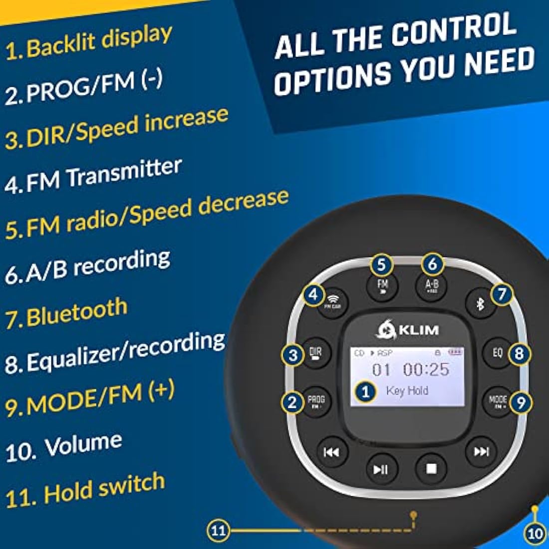 KLIM Journey - Portable CD Player with Long-Lasting Battery - New - with Headphones - Radio FM - Compatible MP3 CD Player Portable - SD Card, FM Transmitter, Bluetooth - Ideal for Cars - Black