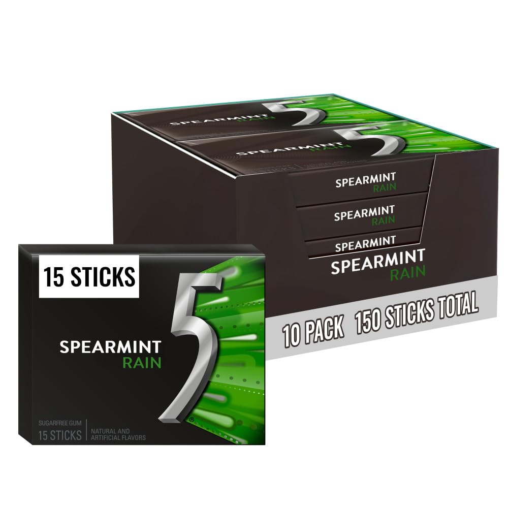 Wrigleys 5 Gum Rain Spearmint Flavoured Sugarfree Chewing Gum 15 Stick Pack Box Of 10 Packs