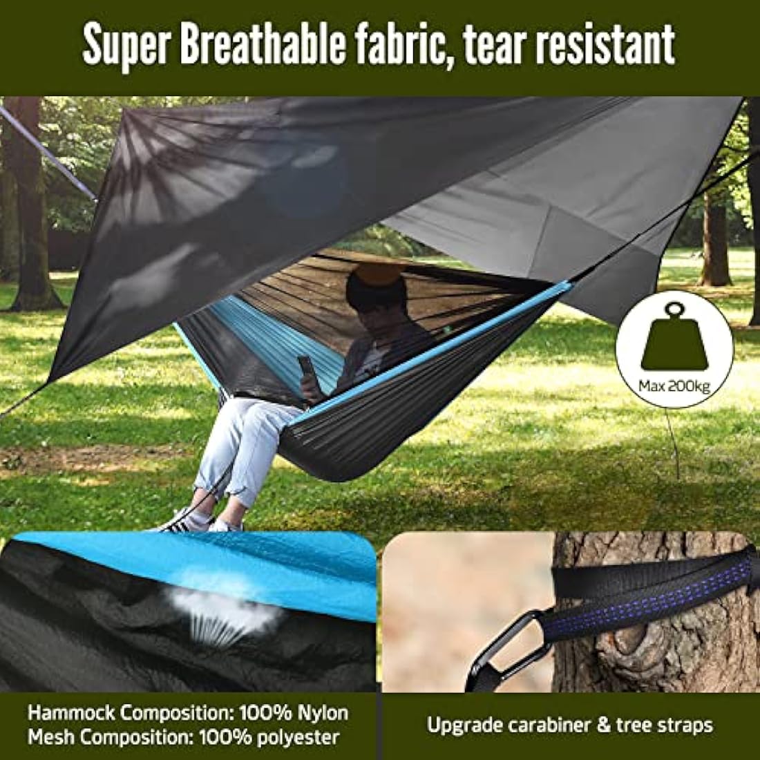 OTraki Camping Hammock with Mosquito Net and Rain Fly Tarp Single Nylon Portable Travel Hammock with Tree Straps 200kg Load Capacity Outdoor Hammock for Hiking Backpacking Garden (Blue Grey)