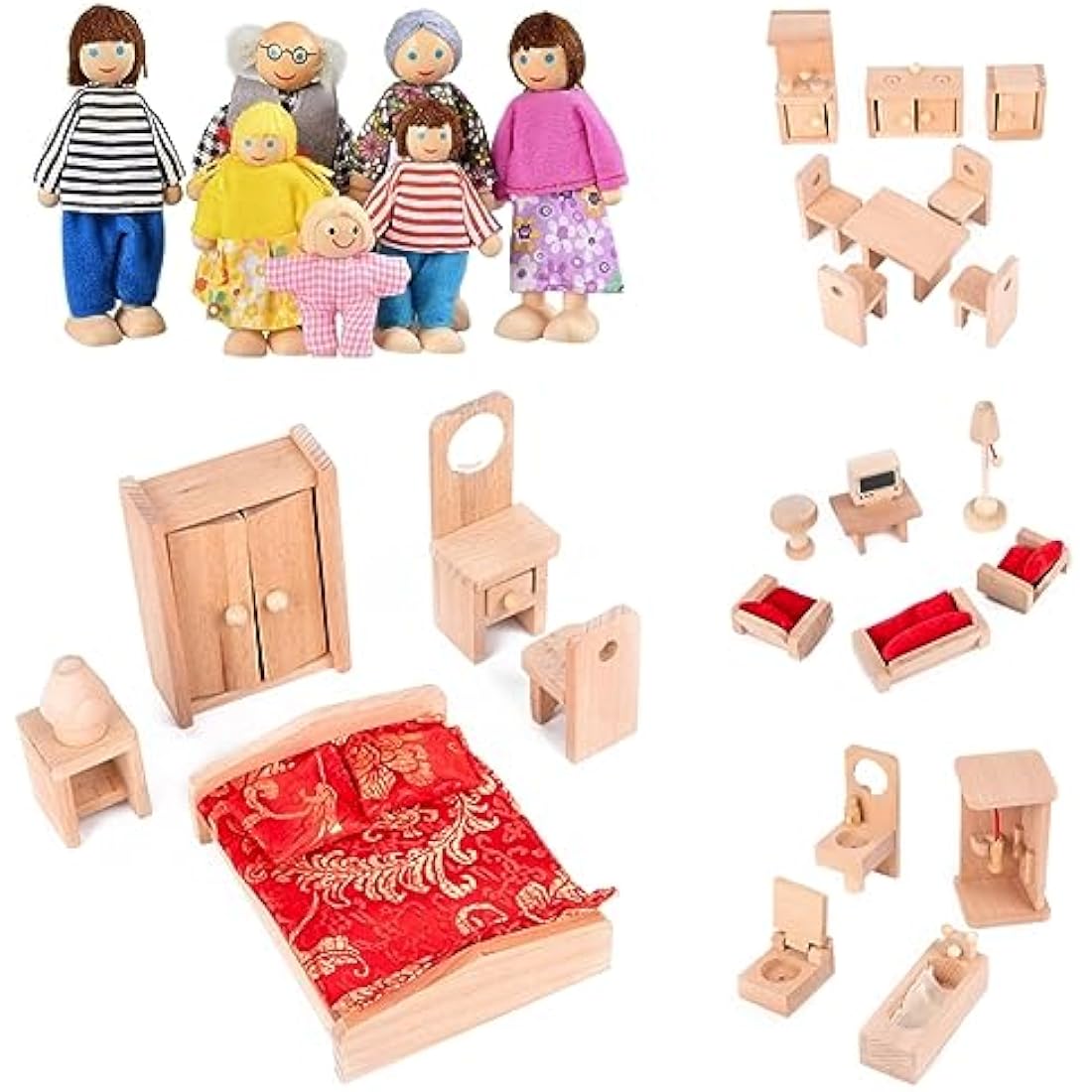 DecoBay Wooden Dolls House Furniture 4 Sets Bedroom, Kitchen, Bathroom and Living Room with 6 Family Dolls