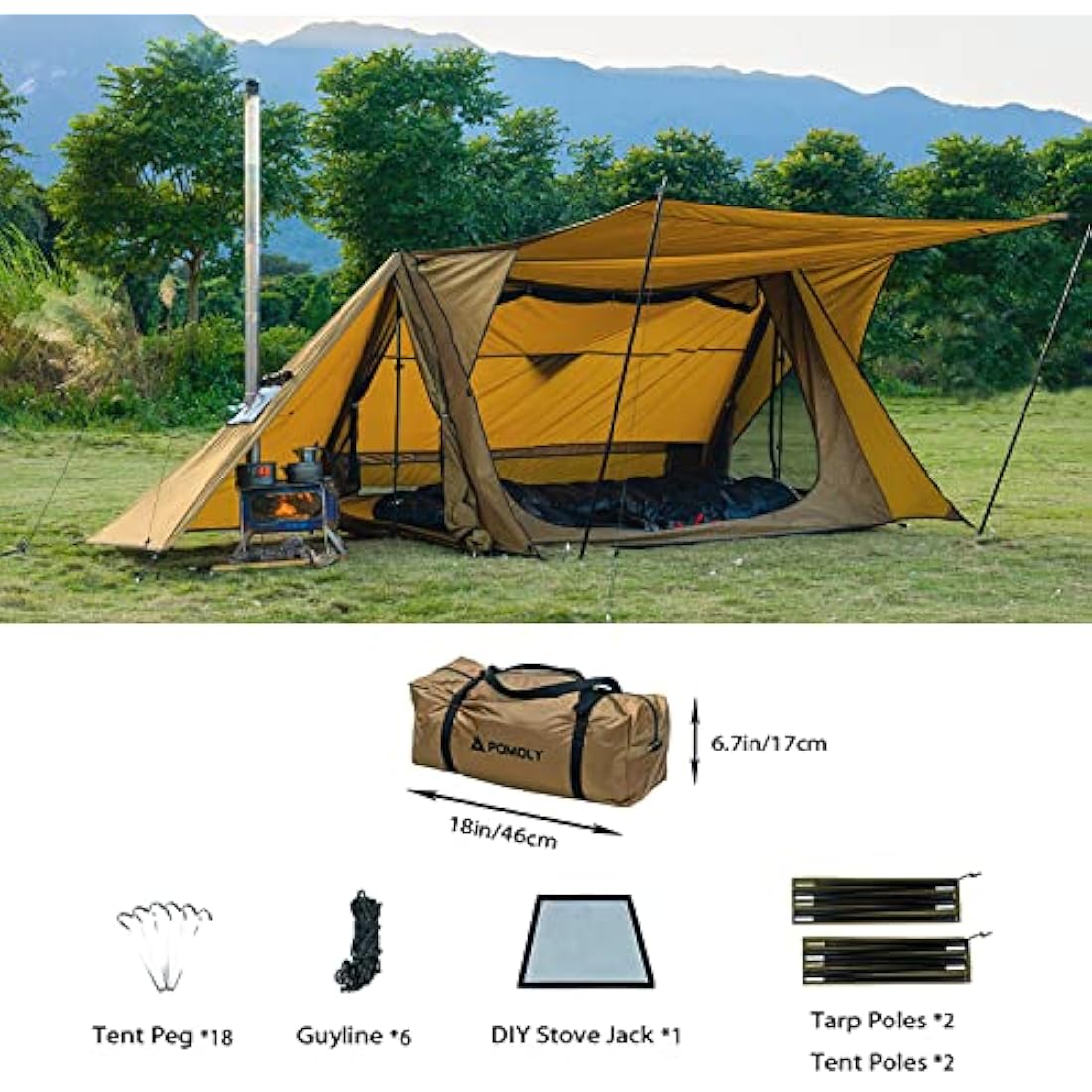 POMOLY Camping Hot Tent Bushcraft Tent, STOVEHUT 70 3.0 Shelter with 4 Poles for 1-2 Person Hiking, Backpacking