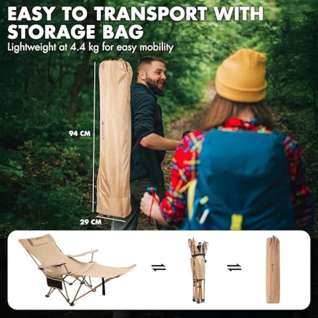 VILLEY Reclining Camping Chair with Removable Footrest, 2 in 1 Portable Adjustable Recliner Camp Chair, Headrest & Storage Bag, Supports Up to 150 kg