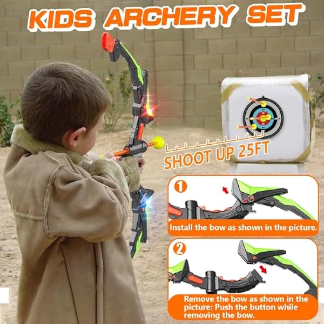 Hollyhi Bow Arrow Set for Kids, LED Light Up Archery Set Toys with 10 Arrows, Indoor Outdoor Shooting Games Hand-eye coordination Birthday Gifts for 5 6 7 8 9 10 11 12 13 14 Year Old Boys Girls