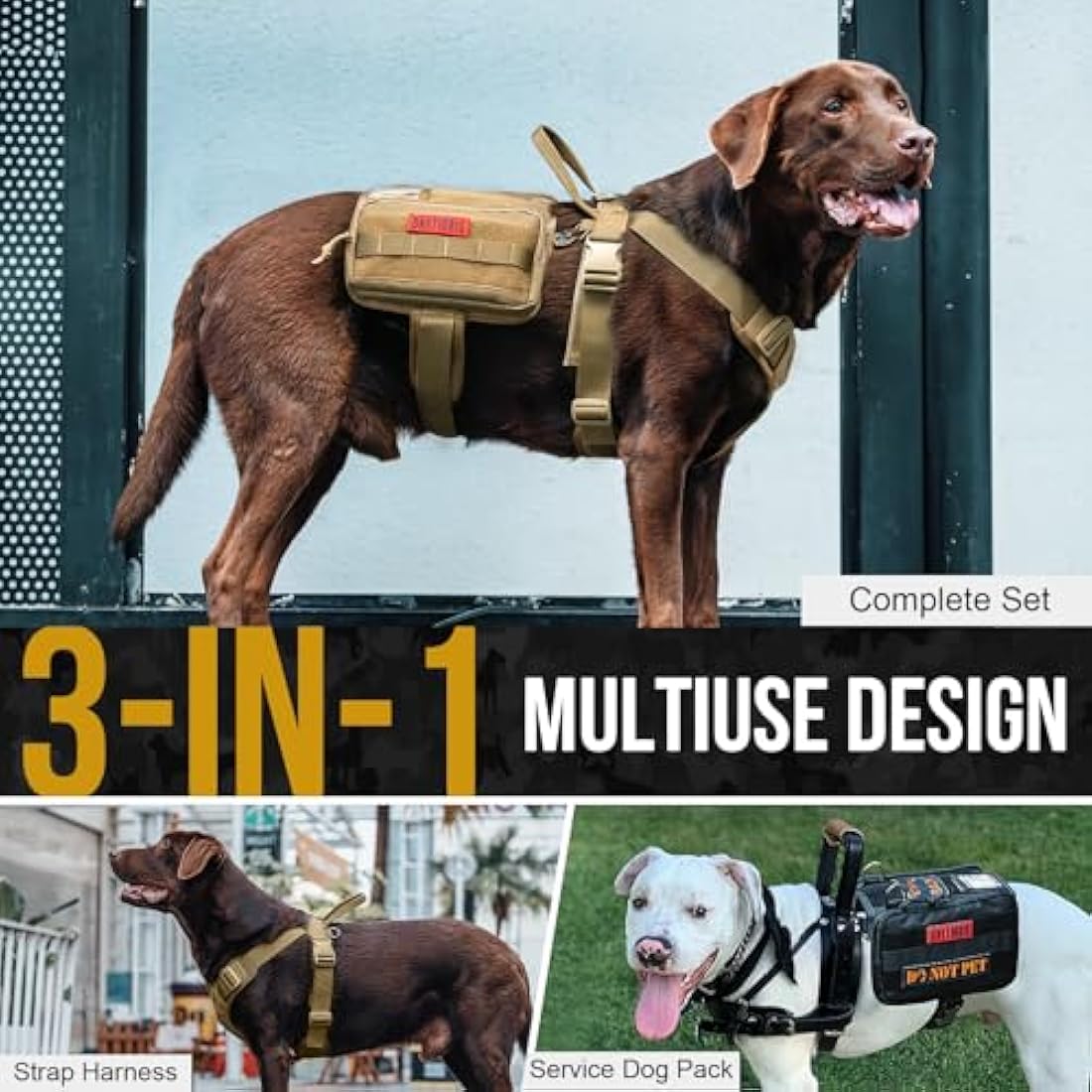 OneTigris Service Dog Vest Harness, Service Dog Cape Guardian Dog Molle Backpack with Pouches for Medium and Large Dogs (Brwon, L)