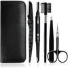 Gibot Stainless Steel Eyebrow Grooming Kit - 5pcs Set with Tweezers, Scissors, Brush Comb, Pencil, Razor and Travel Case for Women and Men, Black