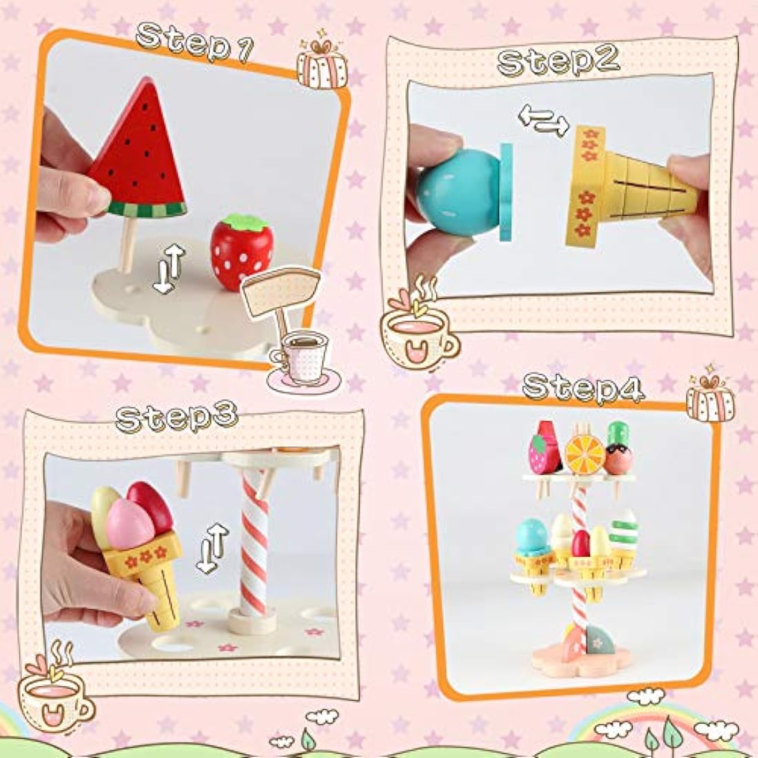 Wondertoys Wooden Ice Cream Stand Pretend Play Kitchen Food Toy Set