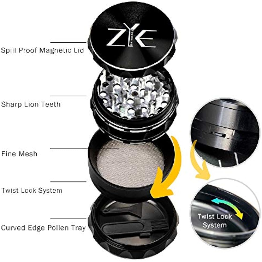 ZYE Herb Grinder – Quality Aluminium w/Ultra Sharp Teeth – Large 2.5" 4 Piece w/Twist & Lock Storage Layer – No Flaking and Non-Stick - Black
